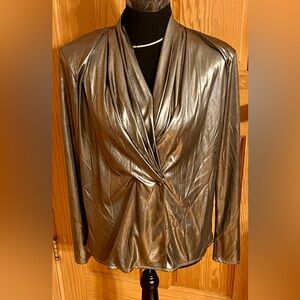 Anna Kriste VTG 80s Metallic Draped Wrap Top Silver Gunmetal Lame Disco Blouse